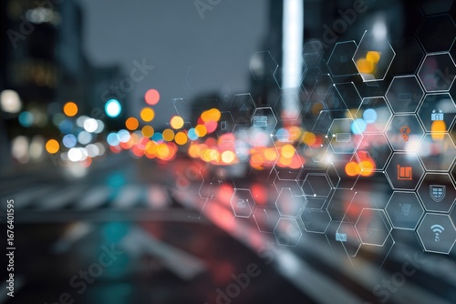 City street at night overlaid with data icons