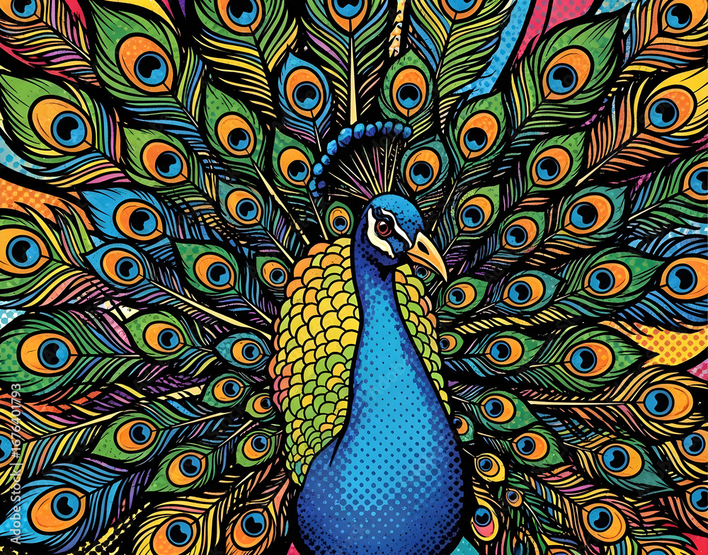 Fototapeta premium Colorful Peacock with Vibrant Detailed Feathers in Artistic Style