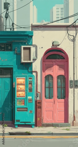 Urban street scene with teal shopfront and pink door