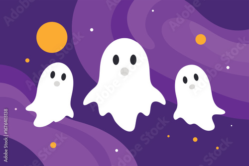 Whimsical Halloween Illustration Featuring Three Cute Ghosts Floating Against a Swirling Purple Sky with Stars and a Yellow