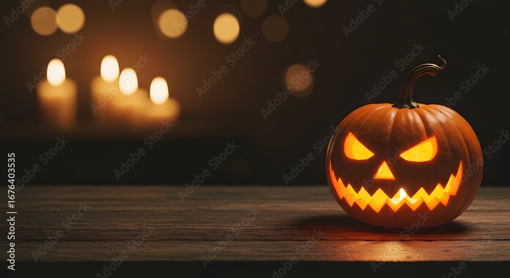 Fototapeta premium A carved jack-o'-lantern glows brightly on a wooden surface, with candles in the background creating a festive atmosphere.