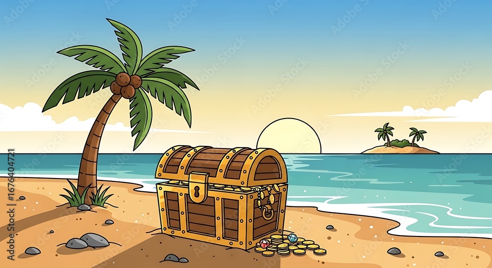Obraz premium Cartoon Treasure Chest on a Tropical Island Beach at Sunrise.