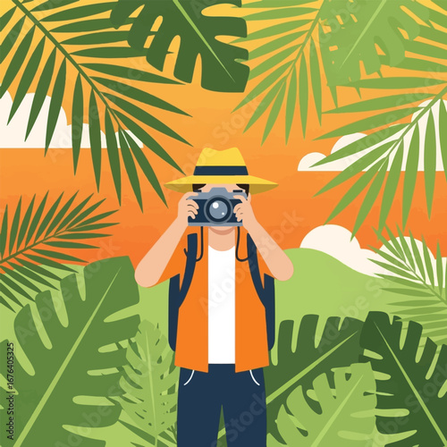 A photographer on a tropical adventure taking pictures of the landscape.