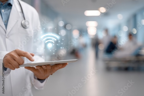Doctor using tablet with wifi symbol in hospital