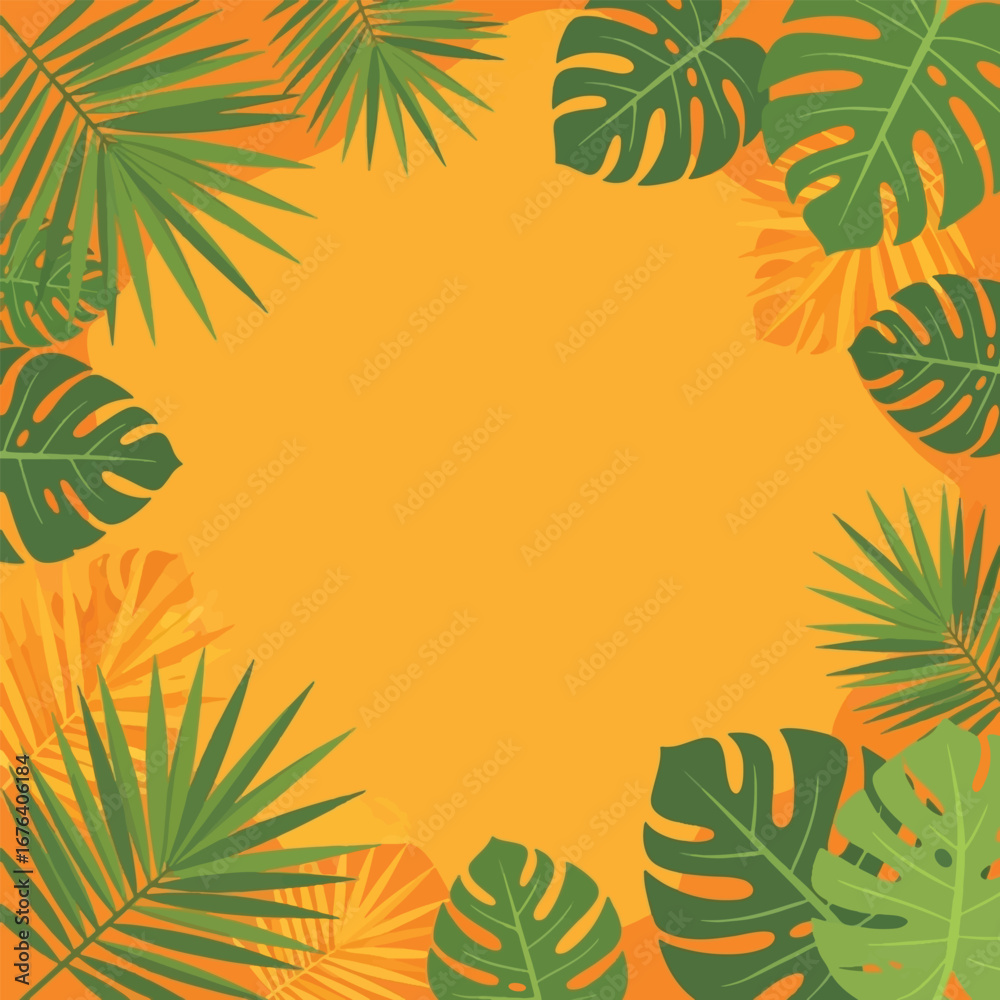 Naklejka premium Tropical Leaf Border on Orange Background.