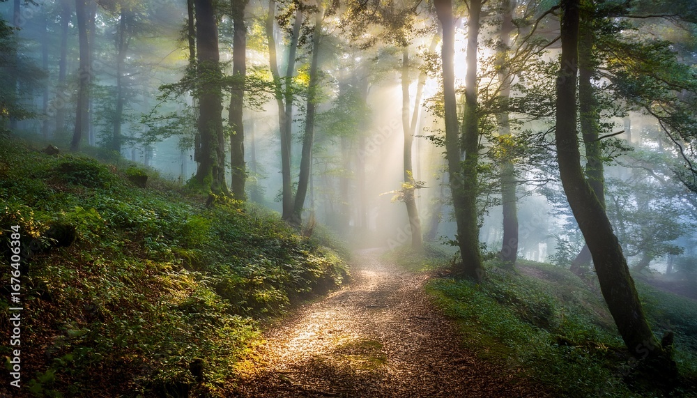 Obraz premium misty forest path an atmospheric path winds through a mysterious misty forest sunlight filtering through the dense canopy creating an ethereal and enchanting scene