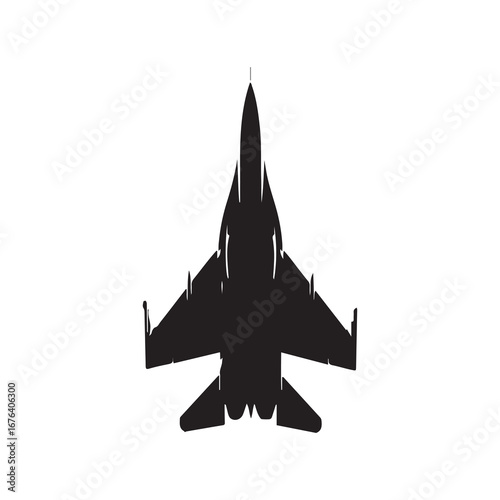 Jet Fighter Airplane Silhouette Top View Isolated on White Background