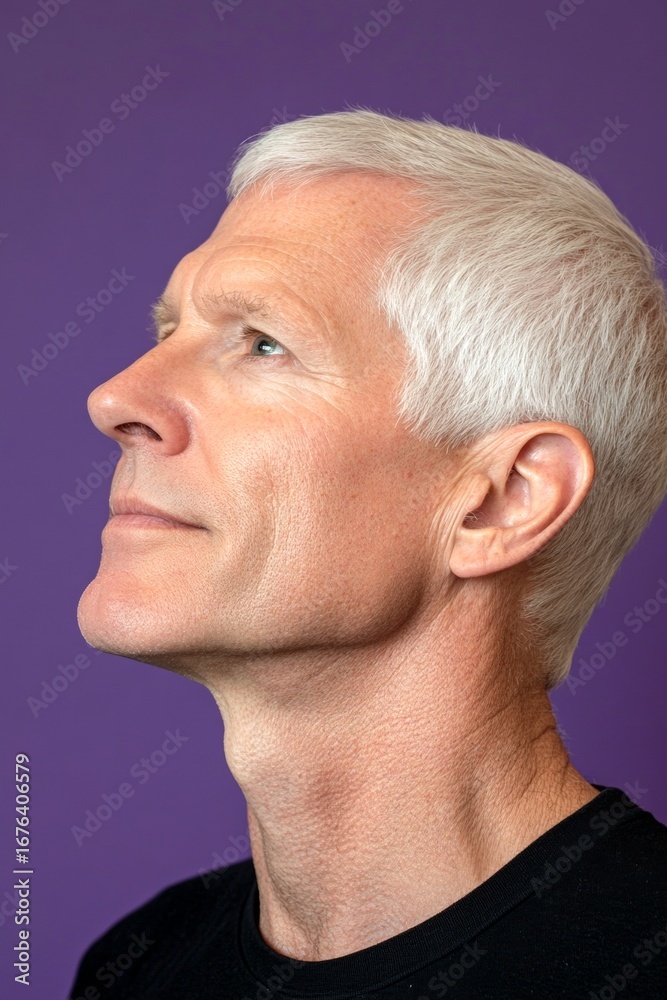 Obraz premium Visual idea of style for aging men. Purple solid background. A strong and graceful male displaying confidence. Chic men's shoulder-length taper haircut - midlife white man with white hair.