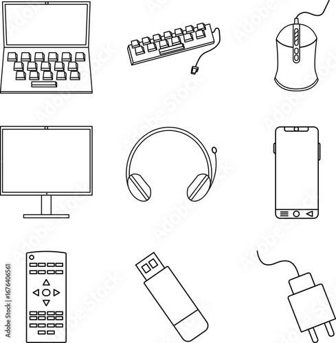 A collection of outlined tech gadgets including a laptop, keyboard, mouse, monitor, headphones, smartphone, remote control, USB drive, and power adapter.