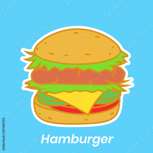Cartoon illustration of a hamburger with a bun, patty, cheese, lettuce, and tomato on a light blue background.