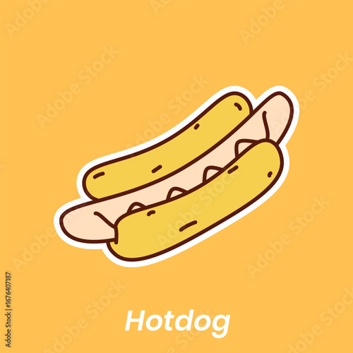 Cartoon illustration of a hotdog with a sausage nestled in a bun, outlined in white, against a yellow background.