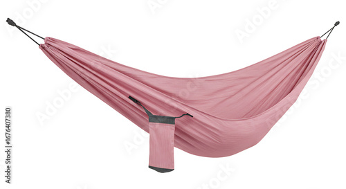 Lightweight pink portable camping hammock with an attached stuff sack suspended.