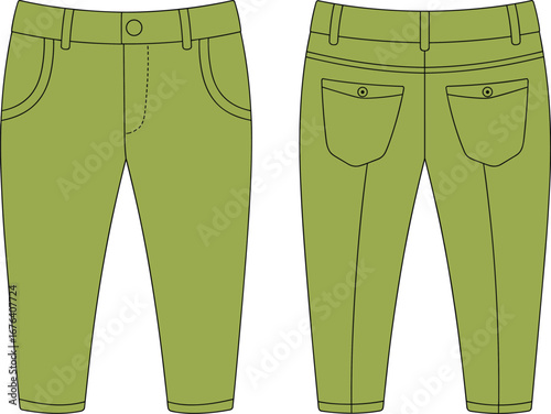 Green casual pants technical flat drawing, front and back view, button detail, pockets design, vector apparel template illustration, fashion sketch