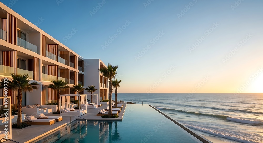 Fototapeta premium Modern hotel with infinity pool and ocean view at sunset