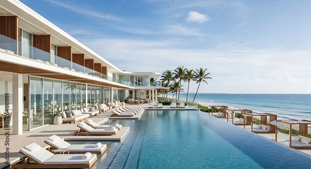 Fototapeta premium Modern resort with infinity pool and ocean view, lounge chairs and palm trees