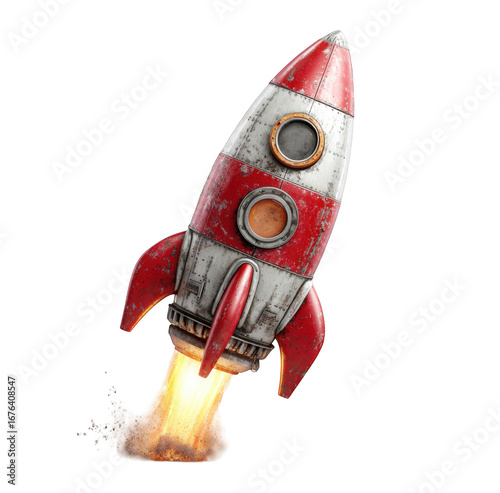 A vintage rocket blasting off