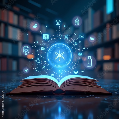 Open Book with Glowing Tech Icons in Library - Concept