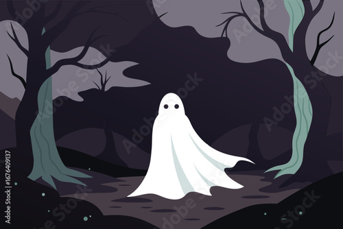 Eerie Encounter A Ghostly Figure Wanders Through a Dark Forest on a Spooky Halloween Night Surrounded by Bare