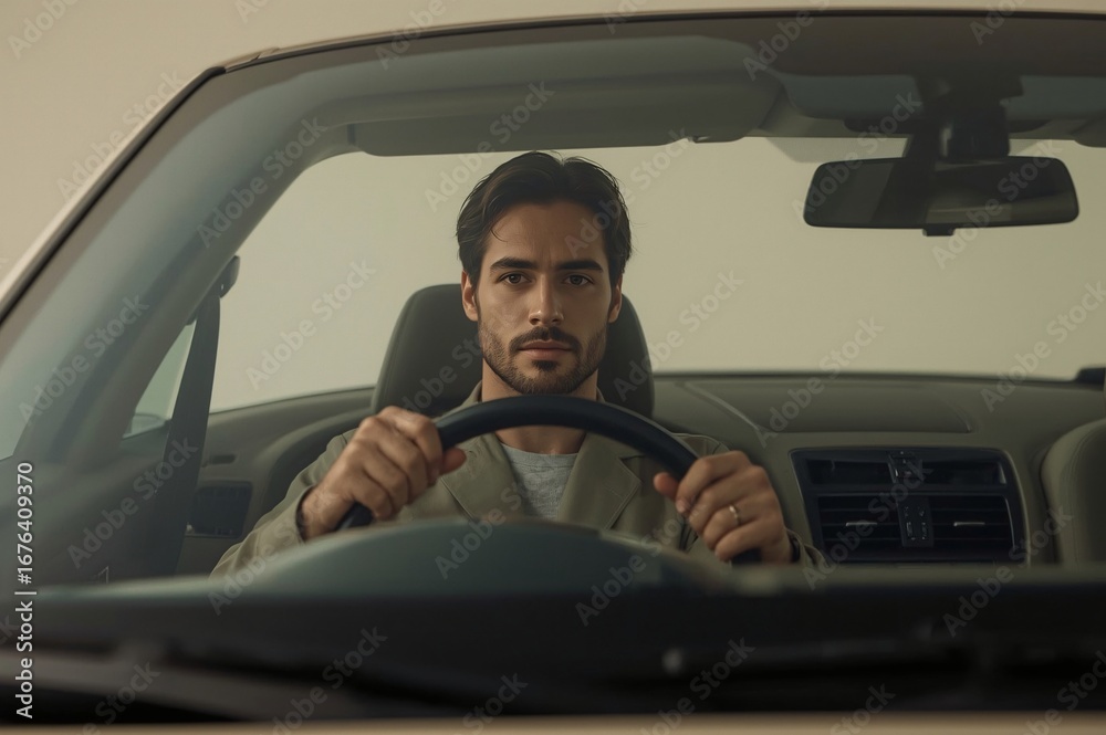 Obraz premium Man driving car, studio shot, neutral background, advertising
