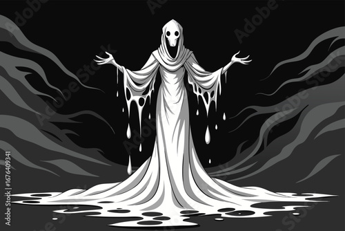 Ethereal Figure in Flowing White Gown Emerging from Darkness a Symbol of Mystery Horror and the Supernatural Realm