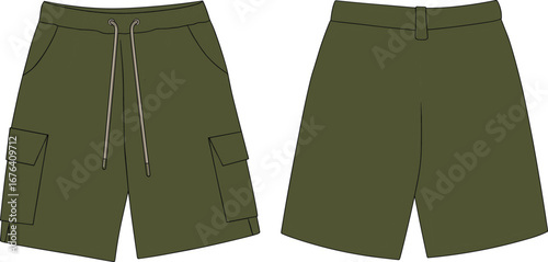 Men cargo shorts front and back technical drawing, fashion flat sketch, belt loop design, vector cad file, casual wear