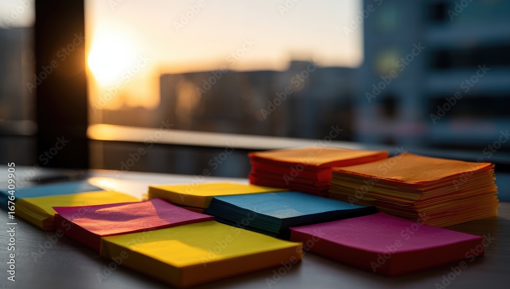 Fototapeta premium Colorful sticky notes stacked on a table, city sunset view