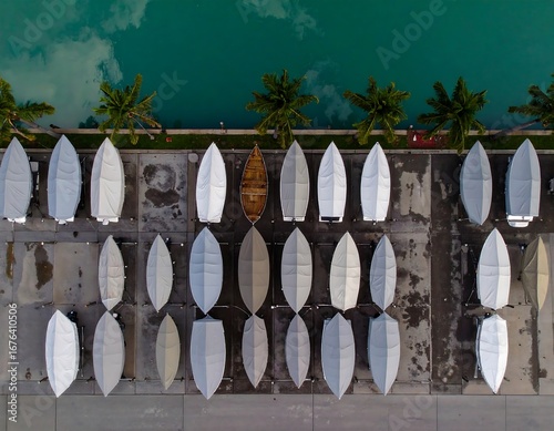 Aerial view of docked boats