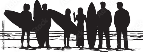 Group of Surfers Standing on Beach Shoreline Silhouettes Vector