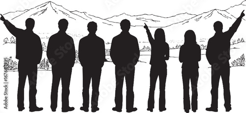 Group of Diverse People Silhouettes Pointing at a Mountain Landscape Horizon Black and White Vector