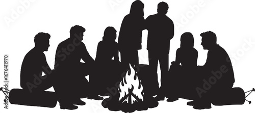 Group of People Around Campfire Silhouette Vector Illustration