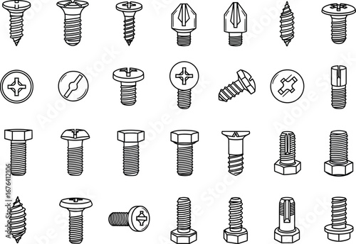 Collection of various types of screws and bolts with different heads and threads isolated on a white background in a grid layout