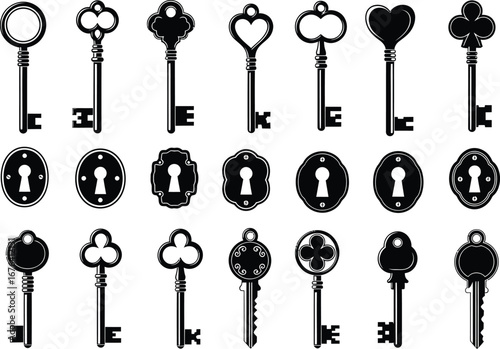 Collection of antique and vintage skeleton keys and ornate keyholes in a distressed black and white graphic illustration