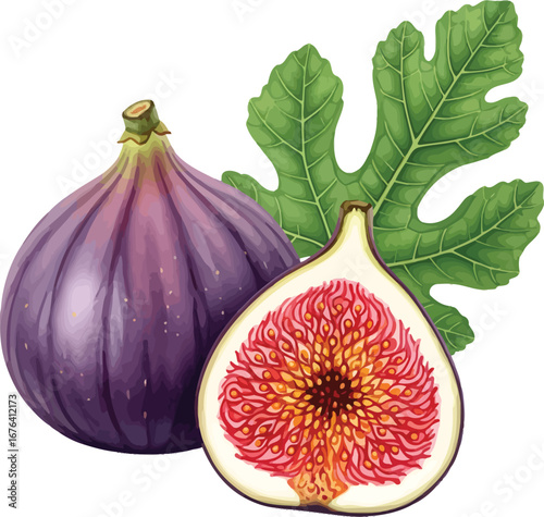 Vibrant purple fresh fig fruit shown whole and halved revealing its juicy red interior and green leaf on white background