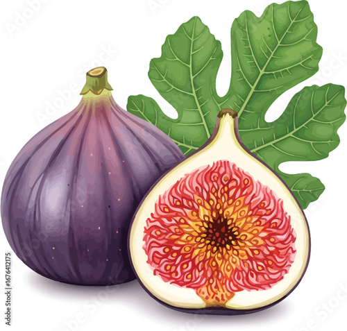 Fresh ripe purple fig fruit whole and halved with green leaf isolated on white background healthy food