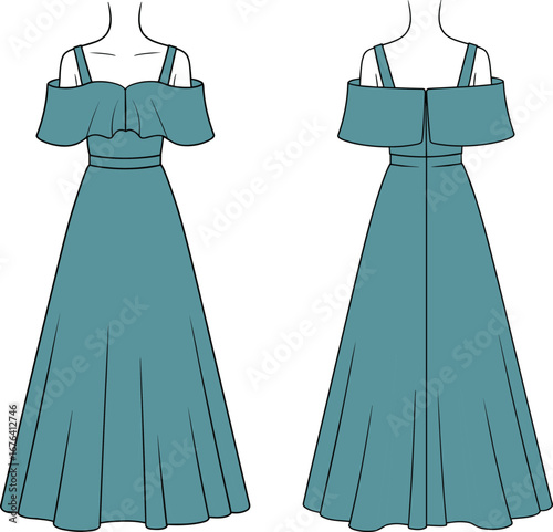 Off shoulder long flared dress flat sketch, women’s fashion cad drawing, front and back view vector illustration, technical apparel template