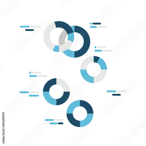 This vector image displays a stock market chart using circular diagrams to represent data analysis, offering a visually engaging approach to financial data visualization