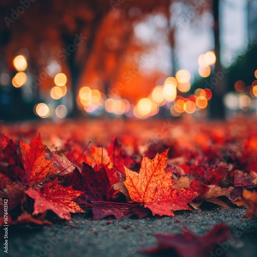 Autumn leaves carpet a city street at dusk