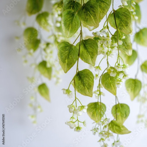 Close-up of a cascading, artificial vine with light green leaves and small white flowers