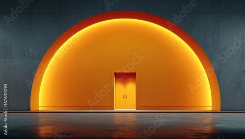 Empty hall with orange archway and door