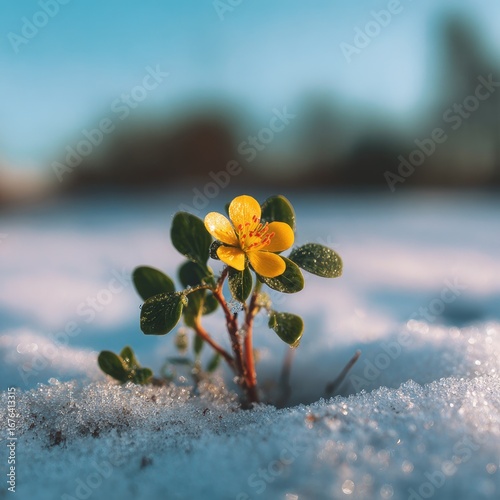 Tiny yellow flower in snow, vibrant colors