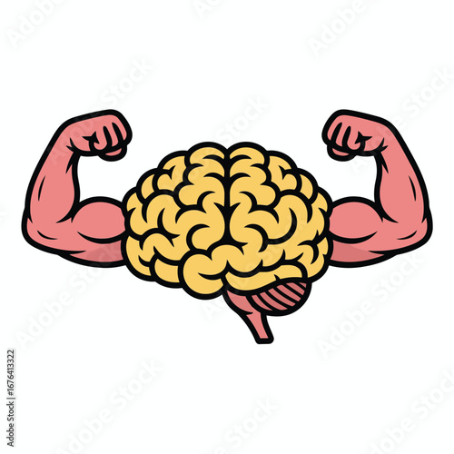Vibrant vector illustration depicting a stylized brain with muscular arms, symbolizing mental strength, intelligence, and cognitive power. Smart mind growth