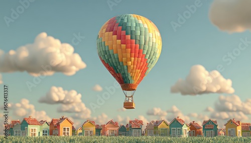 Colorful hot air balloon above quaint houses