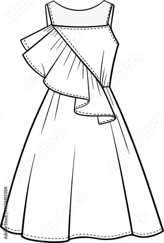 One shoulder ruffle dress, sleeveless design, flared hem, summer outfit, girls fashion, cad sketch, flat vector illustration, trendy clothing