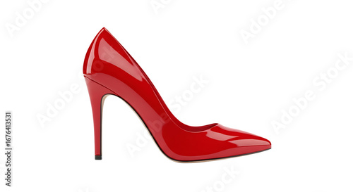 Elegant red stiletto high heel shoe on a black background