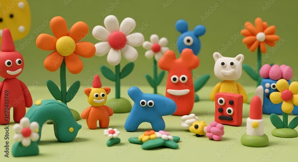 Fototapeta premium A delightful collection of colorful clay figurines and flowers arranged on a green surface, perfect for adding a touch of whimsy to any project