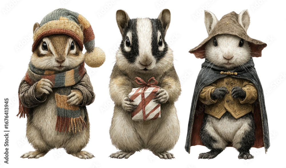 Fototapeta premium Cute Animals in Holiday Costumes with Gifts on Transparent Background