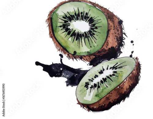 Hand-drawn kiwi illustration. Charm. Hand-drawn style. Brush-painted ingredients. Seeds. Fruit. Moisture. Imported. Vitamins. Beauty. Beautiful skin