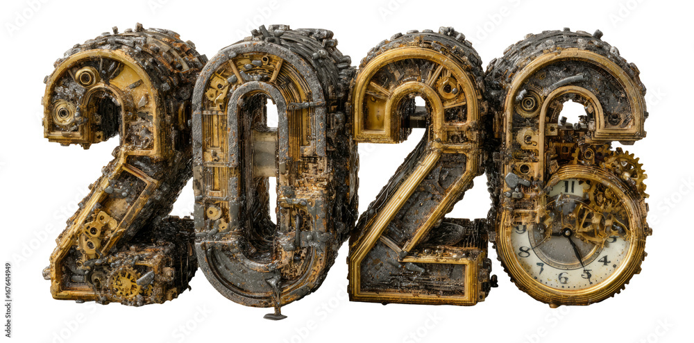 Obraz premium Vintage Mechanical Style 2026 New Year Clipart on Transparent Background
