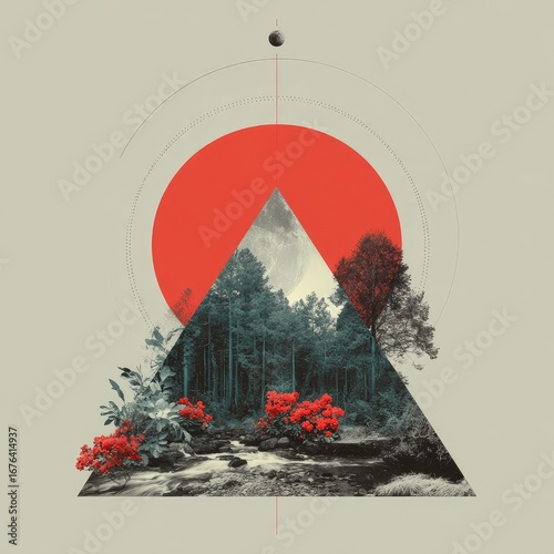 Abstract triangle graphic; nature scene within, red sun, dark trees, and flowing water