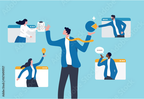 Vendor, third party or outsourcing, work with client or colleagues virtually, contractors or supplier, provider or partner concept, business people work virtually together collaborate for success